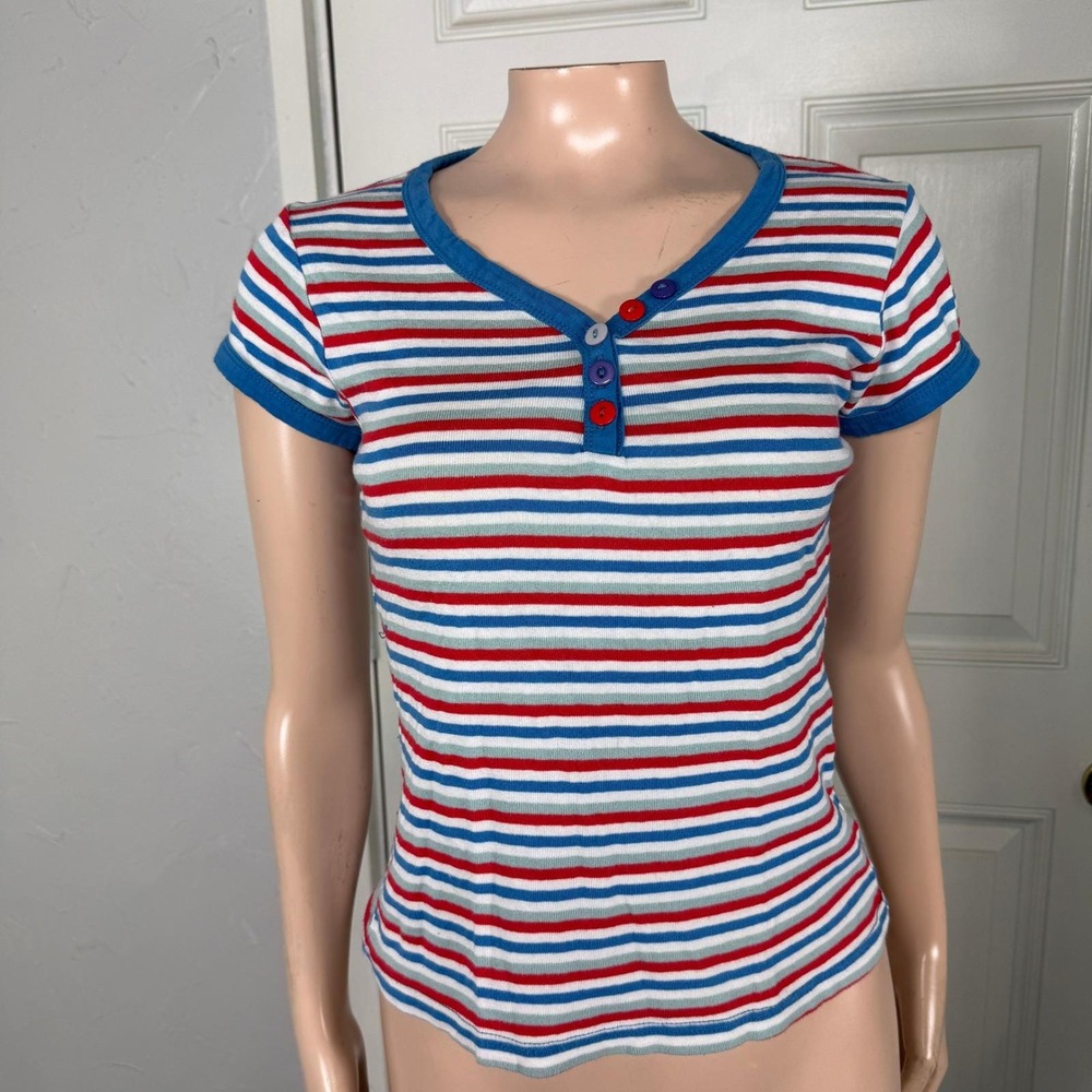 Vintage y2K Stop Everywhere Henley T-Shirt Medium Baby Tee Cotton Striped JJ14